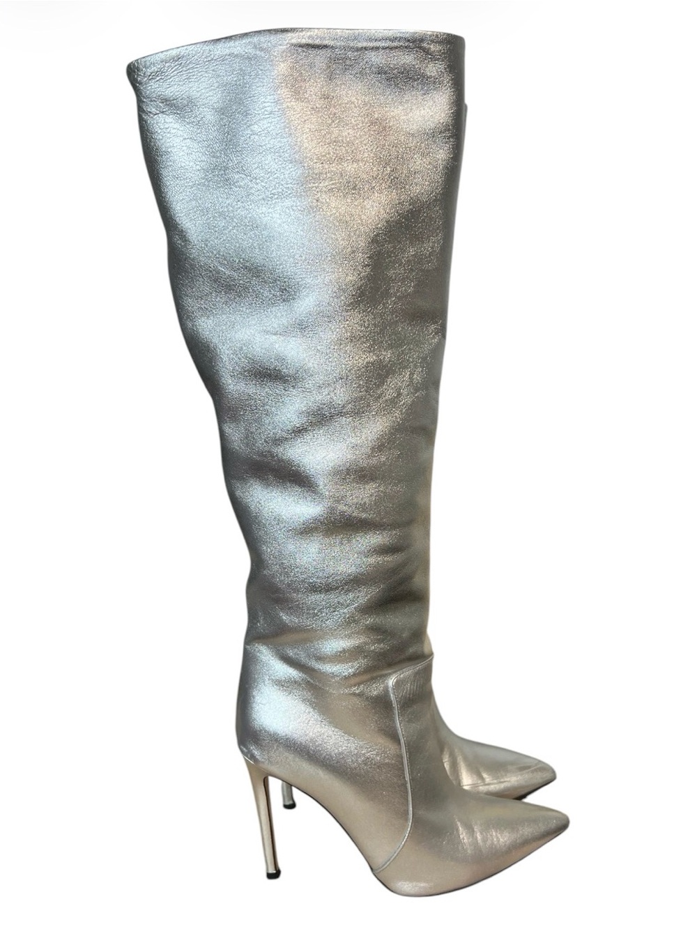 Paris Texas Silver Metallic Leather Knee High Boots Stiletto Heel Size 37/6.5